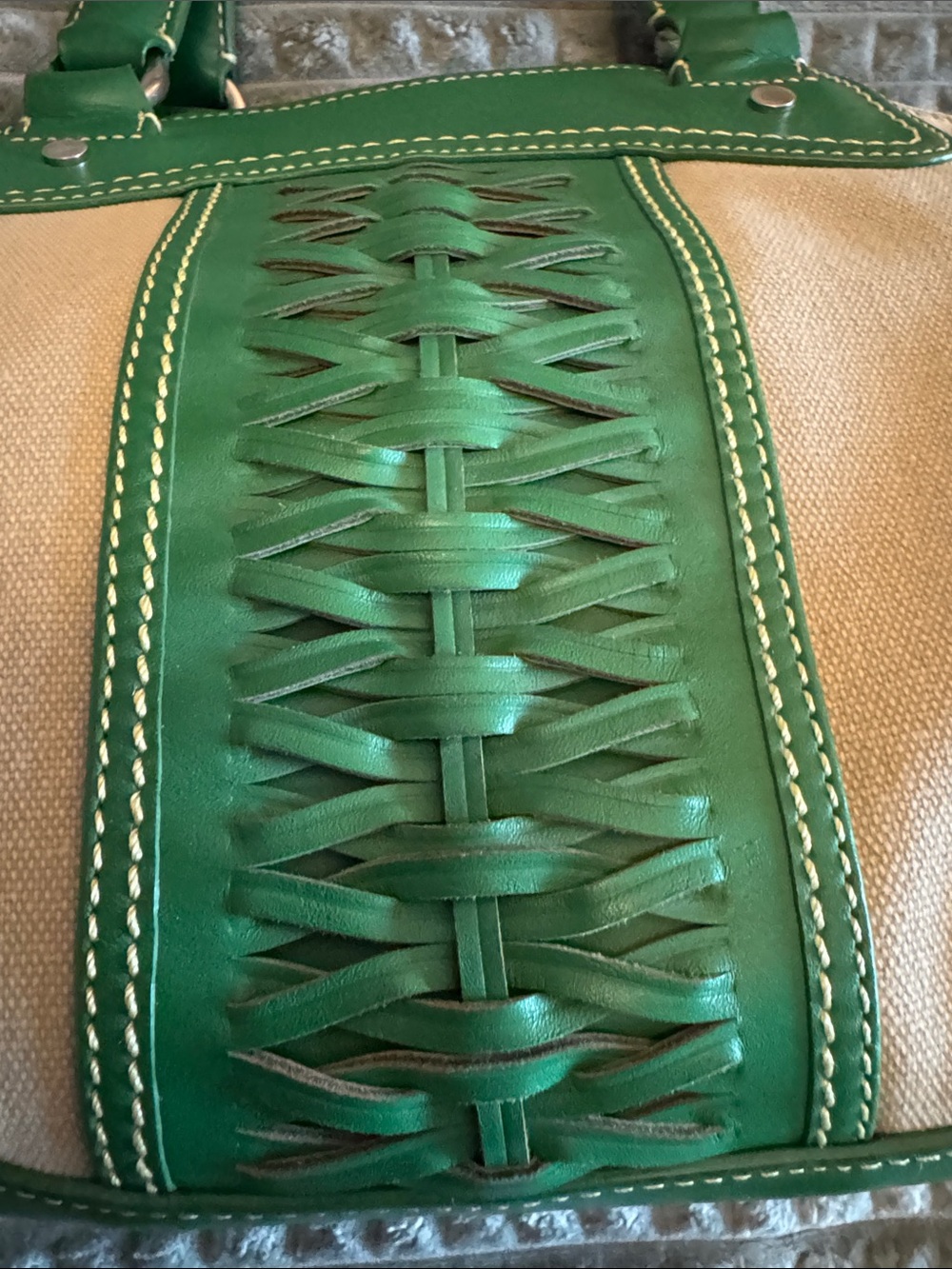 Cole Haan Beige Canvas Tote with Green Leather Trim - Picture 7 of 13